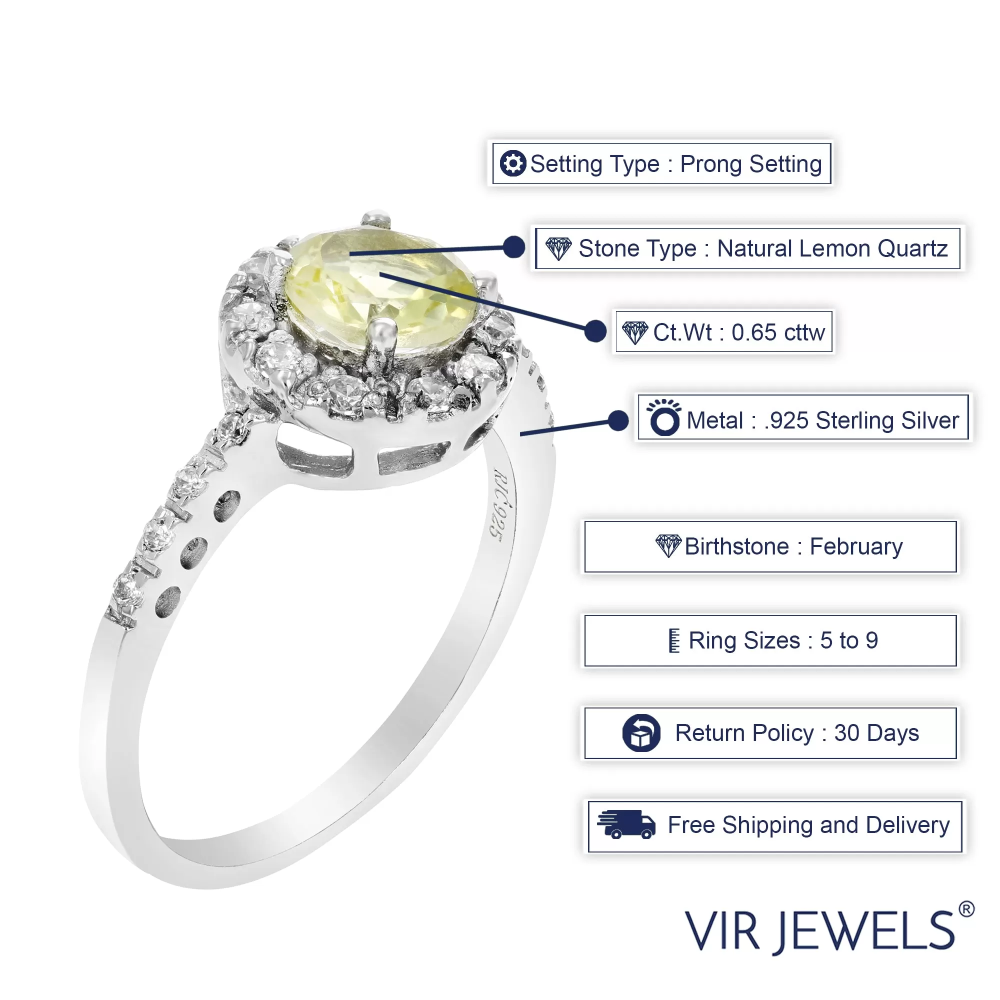 0.65 cttw Lemon Quartz Ring .925 Sterling Silver with Rhodium Round Shape 6 MM