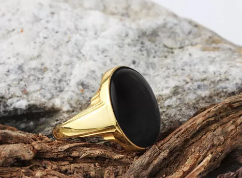 14k Gold Men's Ring with Black Onyx, Artdeco Statement Ring for men