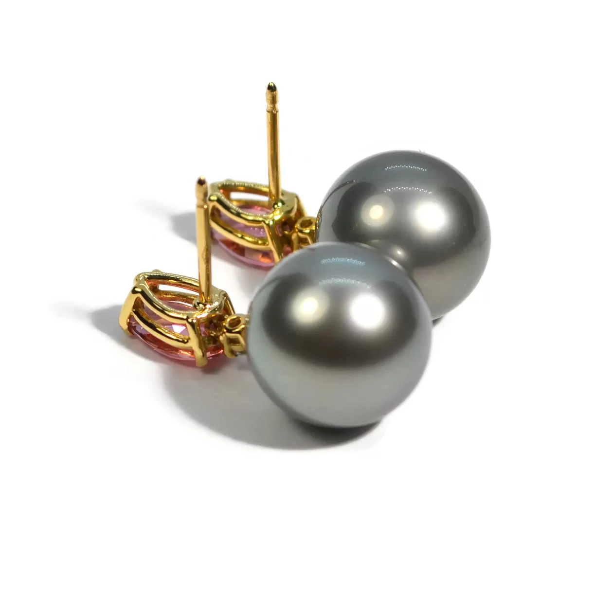 A & Furst - Bonbon - Drop Earrings with Pink Tourmaline, Diamonds and Gray Pearls, 18k Yellow Gold