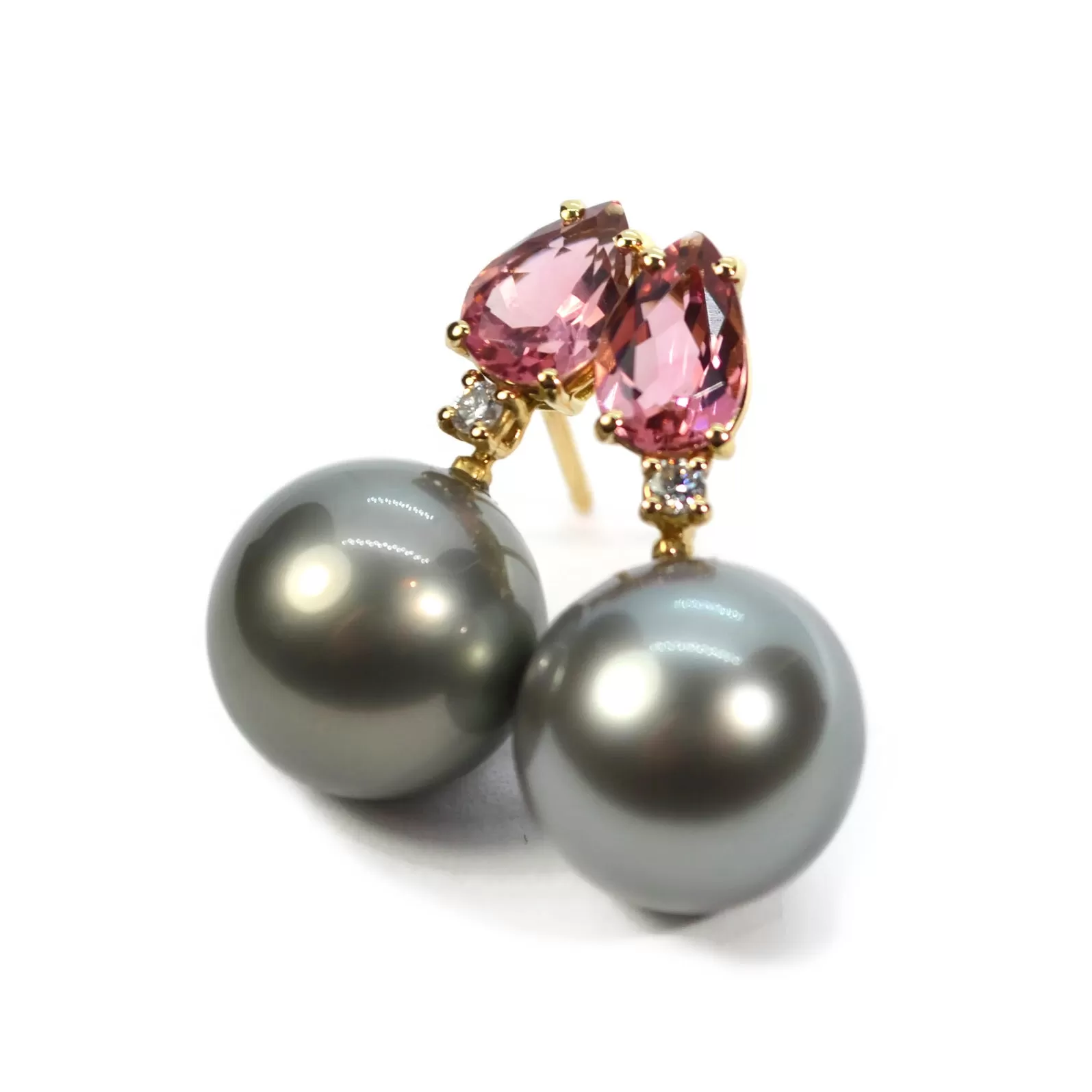 A & Furst - Bonbon - Drop Earrings with Pink Tourmaline, Diamonds and Gray Pearls, 18k Yellow Gold