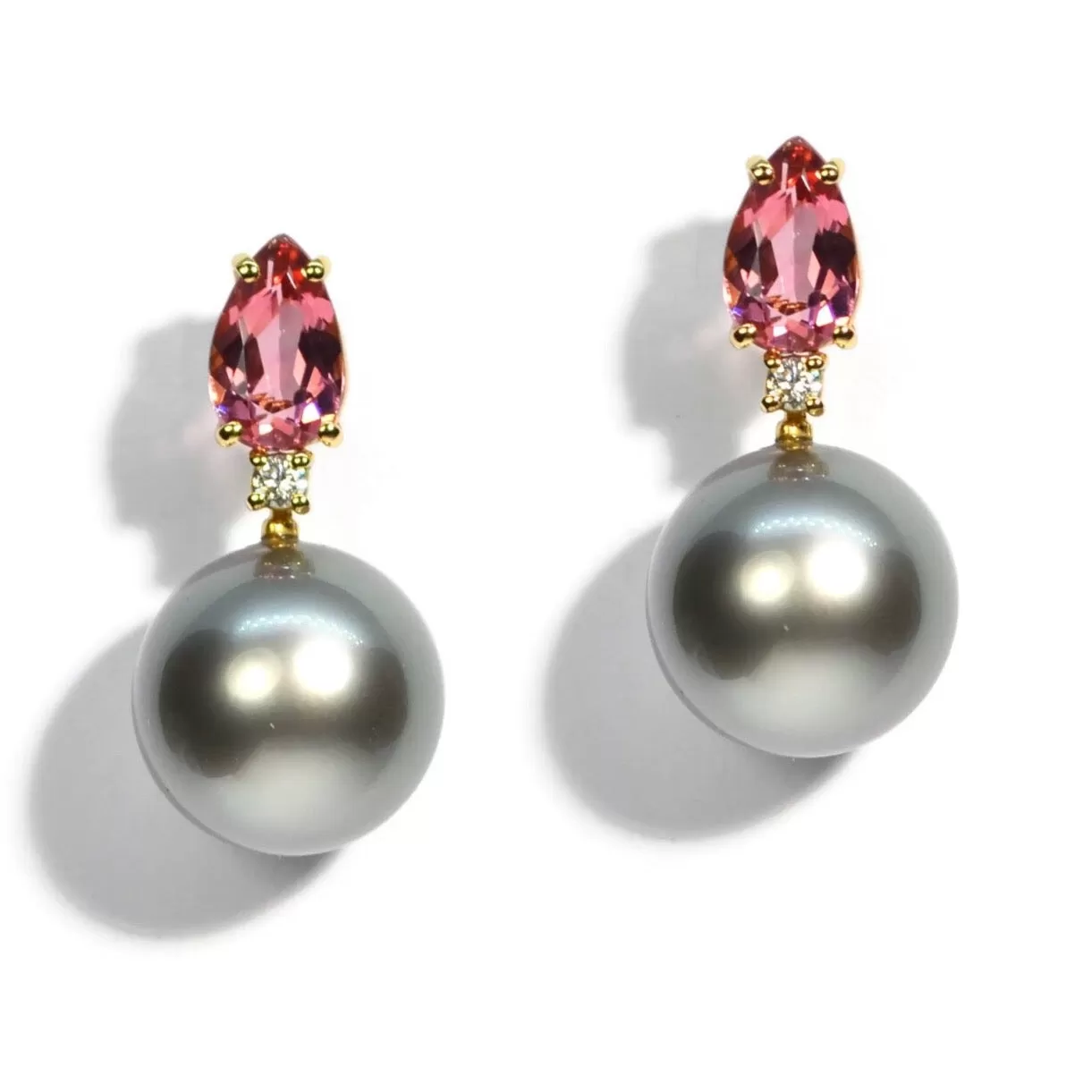 A & Furst - Bonbon - Drop Earrings with Pink Tourmaline, Diamonds and Gray Pearls, 18k Yellow Gold