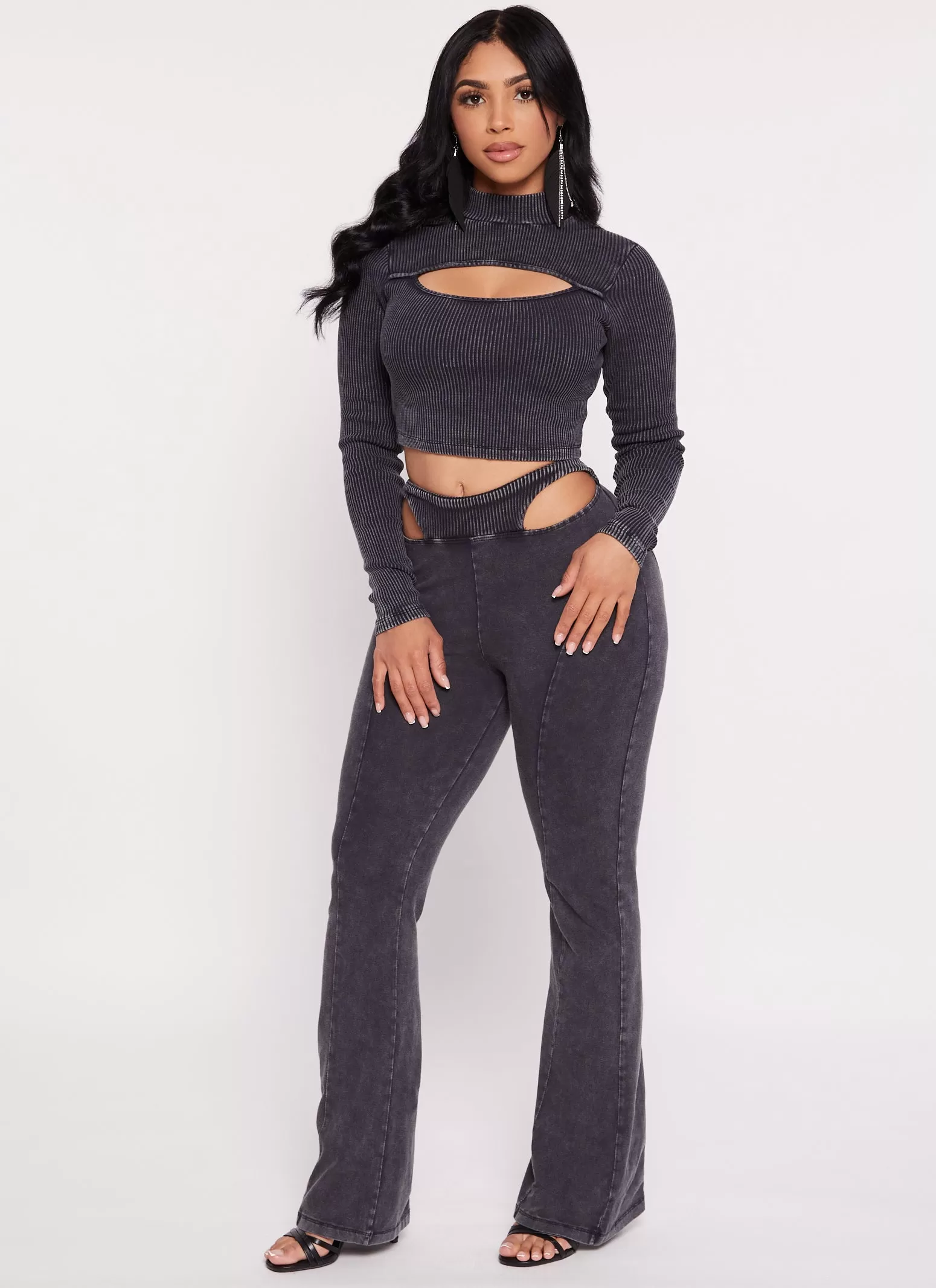 Acid Wash Keyhole Long Sleeve Crop Top