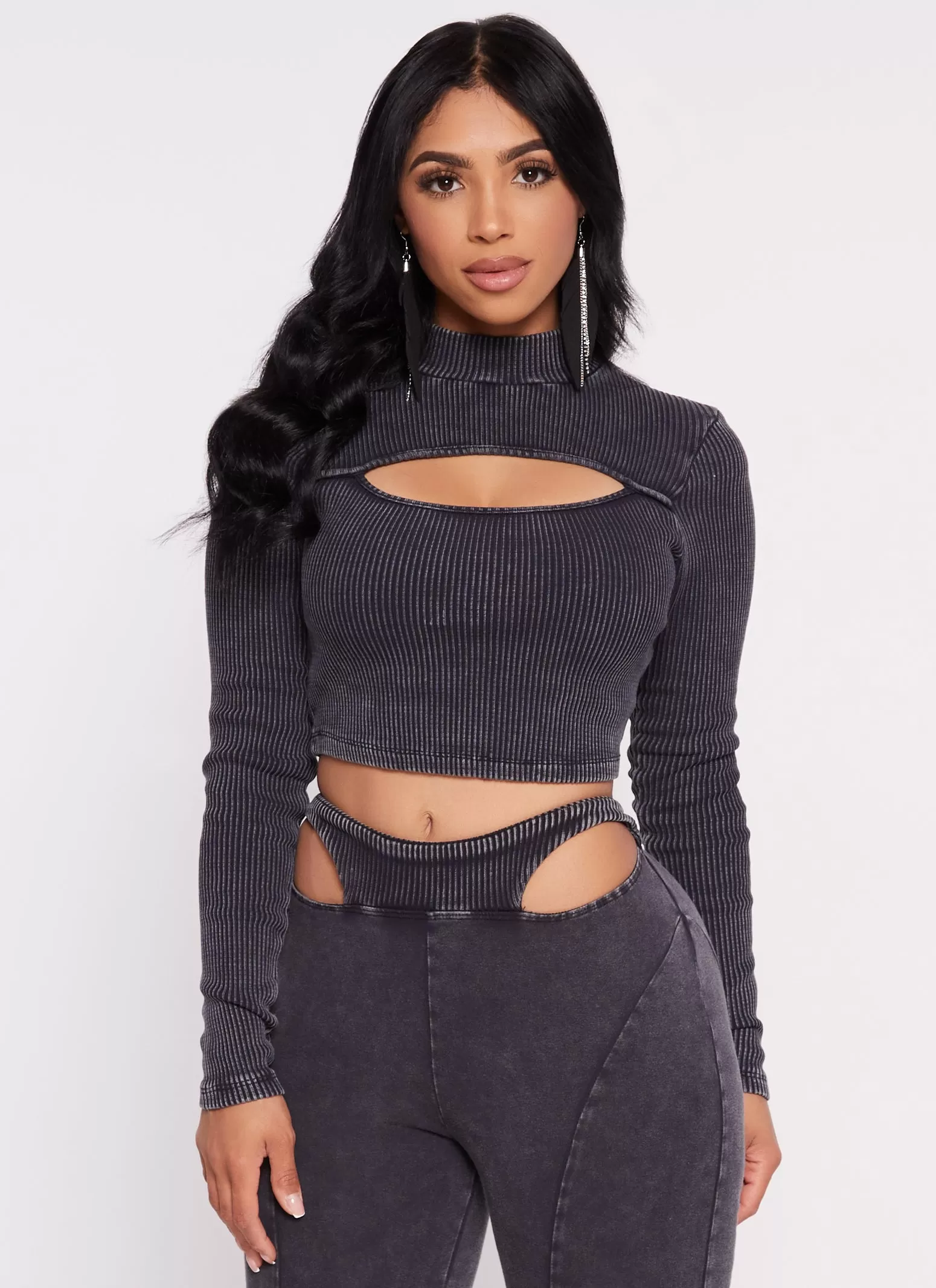 Acid Wash Keyhole Long Sleeve Crop Top