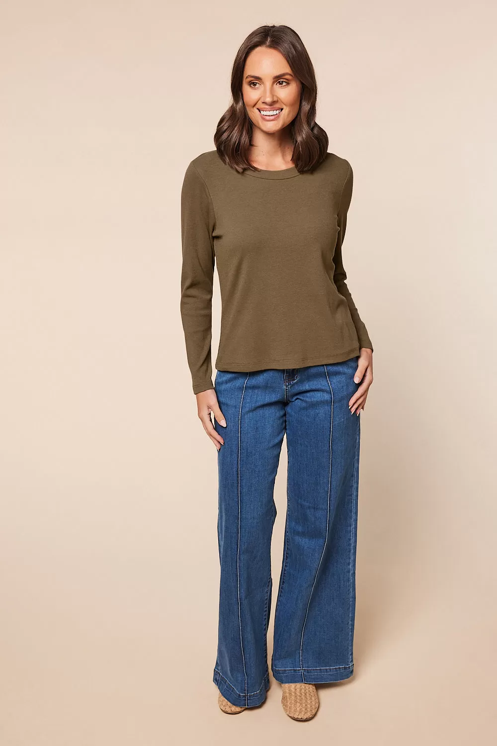 Adrift Ribbed Long Sleeve Tee in Khaki