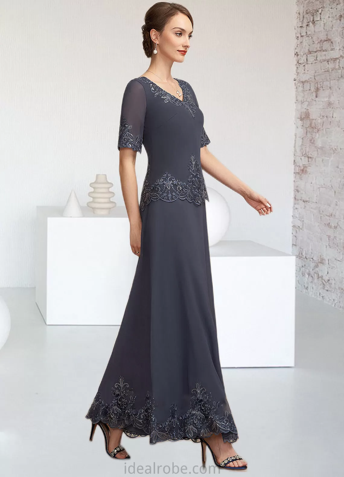 Alexis A-Line V-neck Ankle-Length Chiffon Lace Mother of the Bride Dress With Sequins STK126P0014650