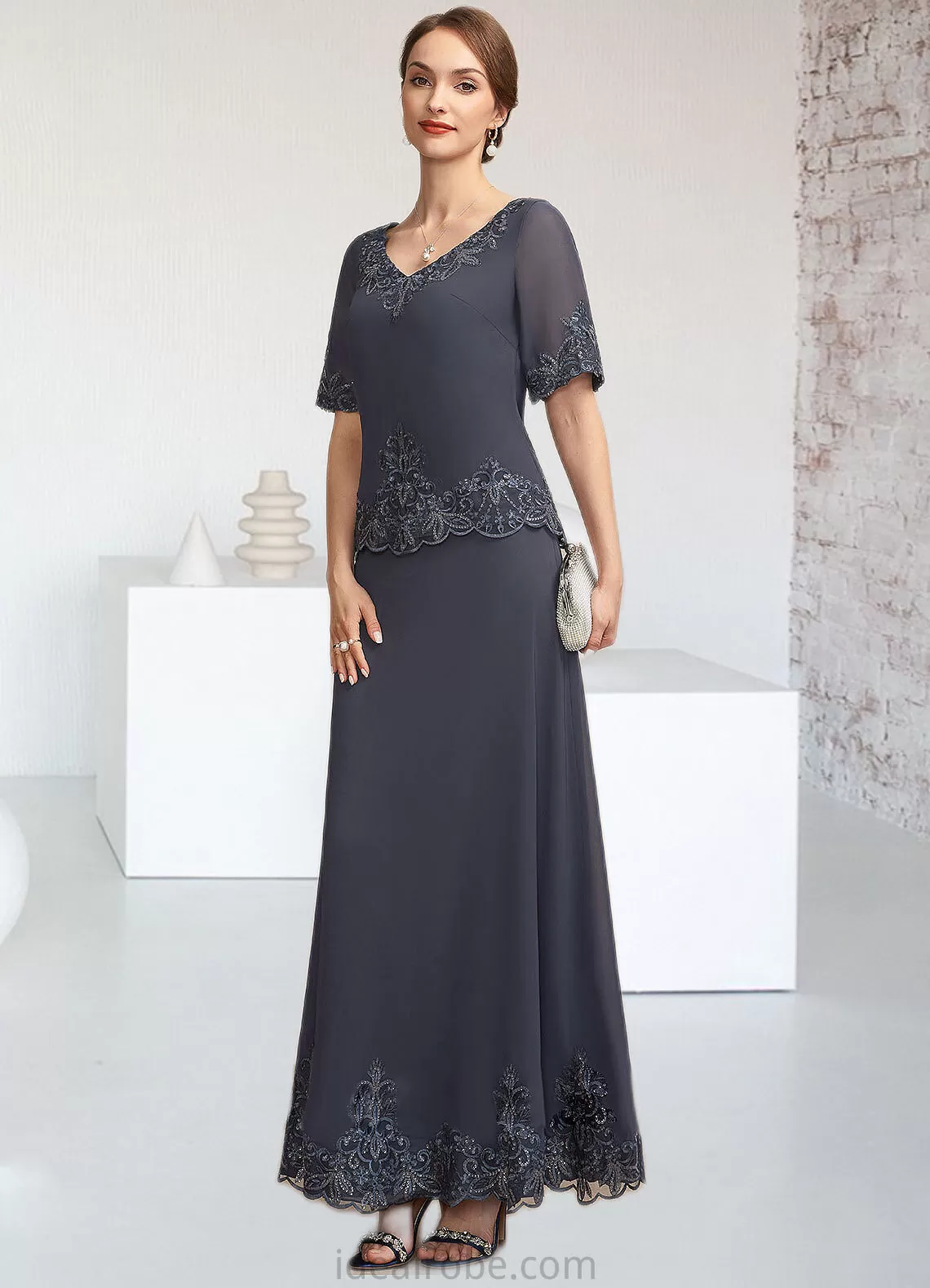 Alexis A-Line V-neck Ankle-Length Chiffon Lace Mother of the Bride Dress With Sequins STK126P0014650