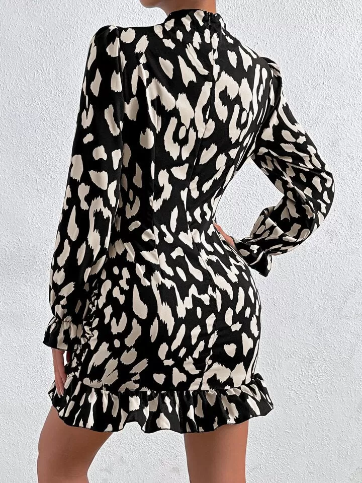 Allover print mock neck flounce sleeve ruched ruffle hem dress