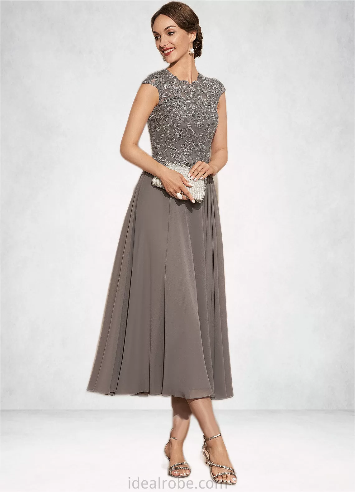 Aracely A-Line Scoop Neck Tea-Length Chiffon Lace Mother of the Bride Dress With Beading STK126P0014774