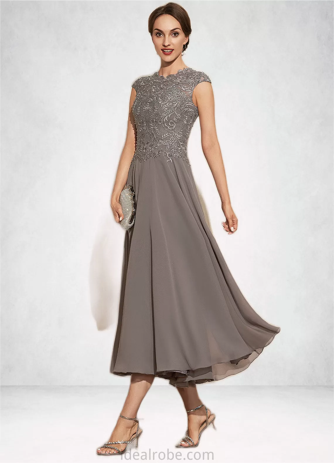 Aracely A-Line Scoop Neck Tea-Length Chiffon Lace Mother of the Bride Dress With Beading STK126P0014774