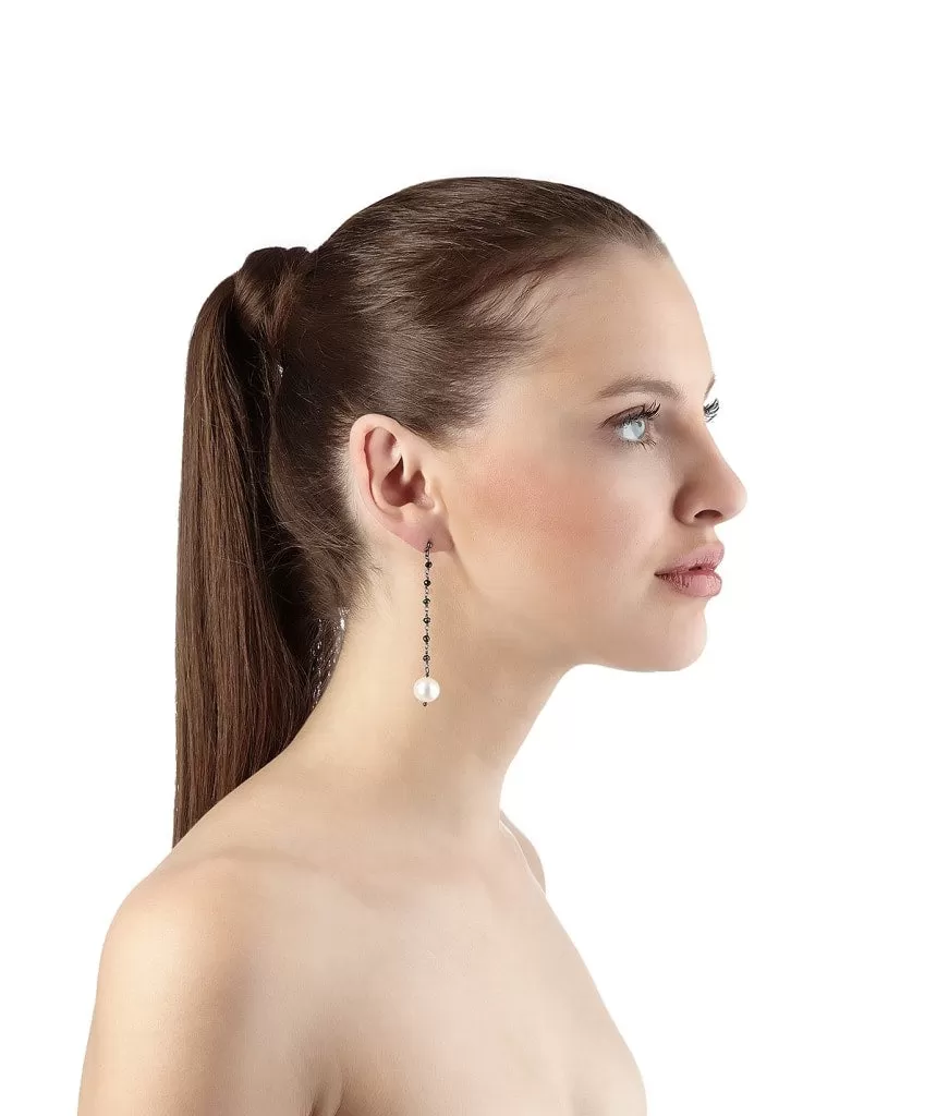 Argentum Extremis Single Drop Earring - Black Spinel & White Pearl - Black Rhodium Plated Silver