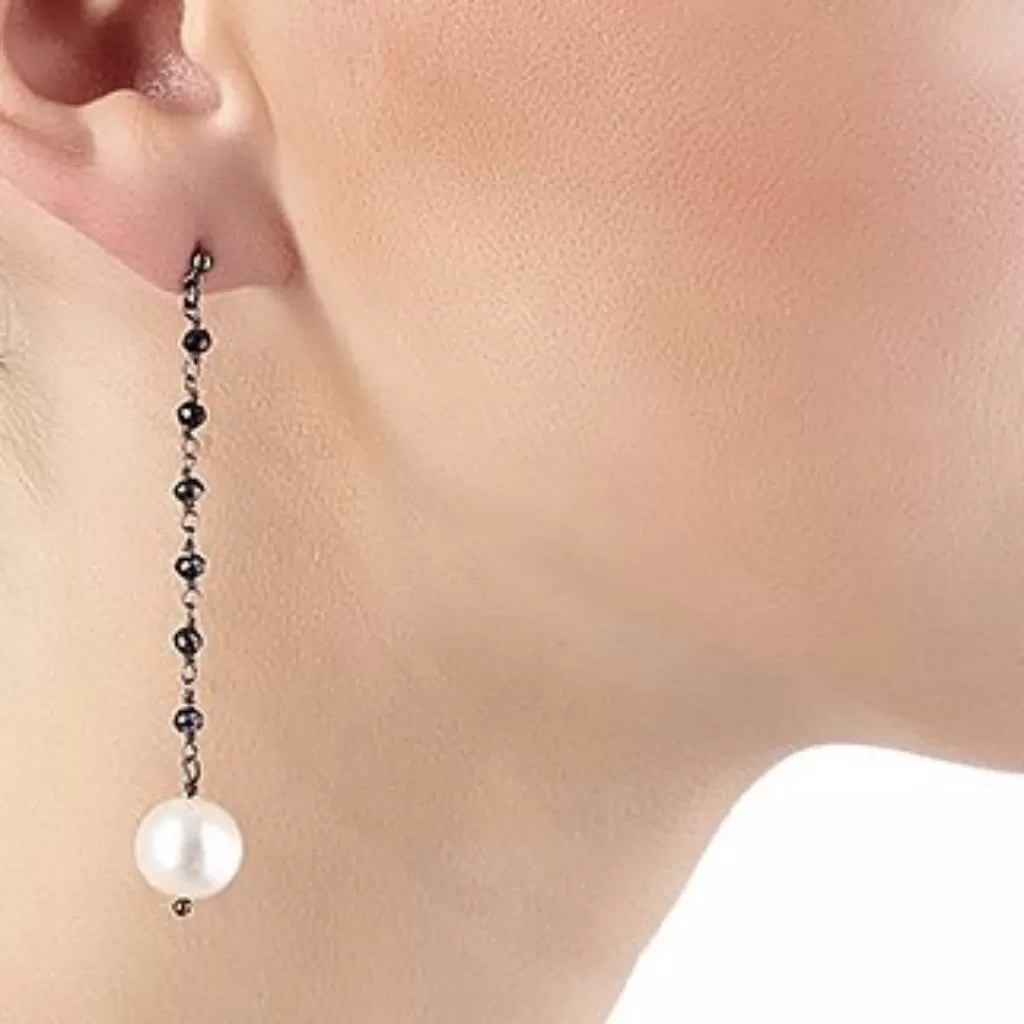 Argentum Extremis Single Drop Earring - Black Spinel & White Pearl - Black Rhodium Plated Silver