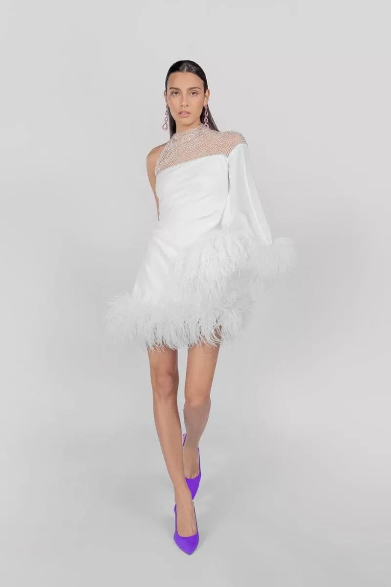 AURORA ASYMMETRIC DRAPED FEATHER DRESS