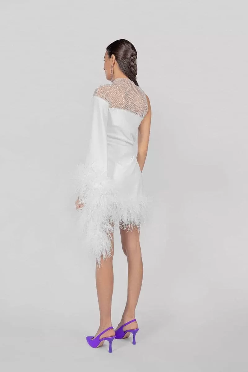 AURORA ASYMMETRIC DRAPED FEATHER DRESS