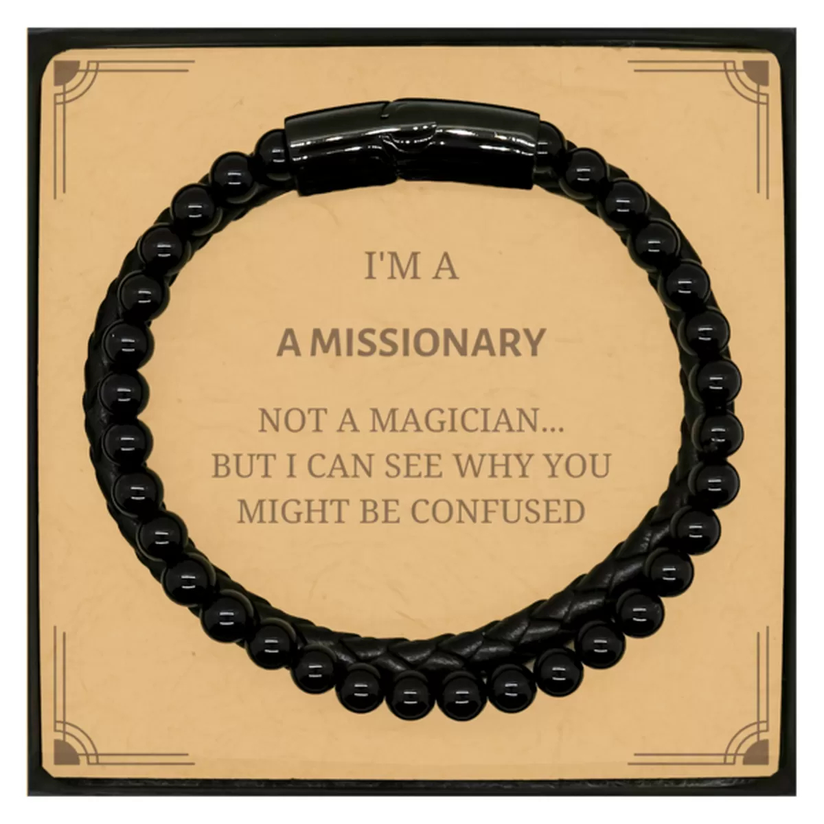 Badass Missionary Gifts, I'm Missionary not a magician, Sarcastic Stone Leather Bracelets for Missionary Birthday Christmas for  Men, Women, Friends, Coworkers