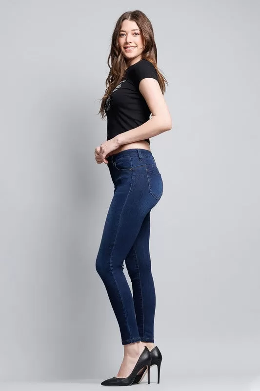 Basic Mid-Rise Ankle Cropped Denim Skinny Jeans - Dark Blue