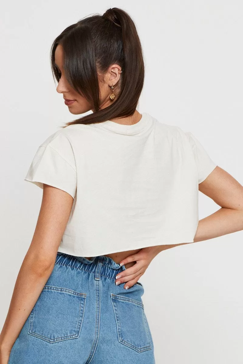 Beige Graphic Crop Top Short Sleeve