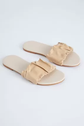 Beige Ruched Top Flat Sliders