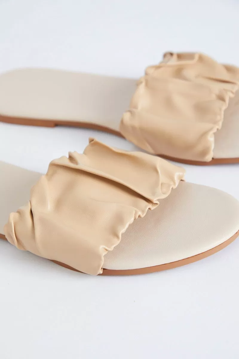 Beige Ruched Top Flat Sliders