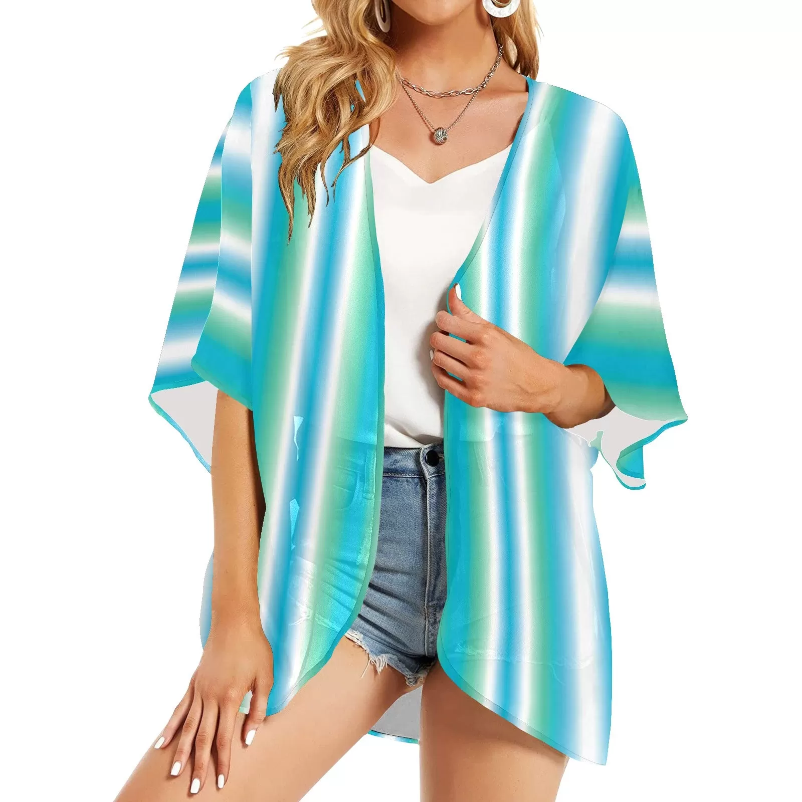 biscayne atoll white pattern print Women's Kimono Chiffon Cover Up (Model H51)