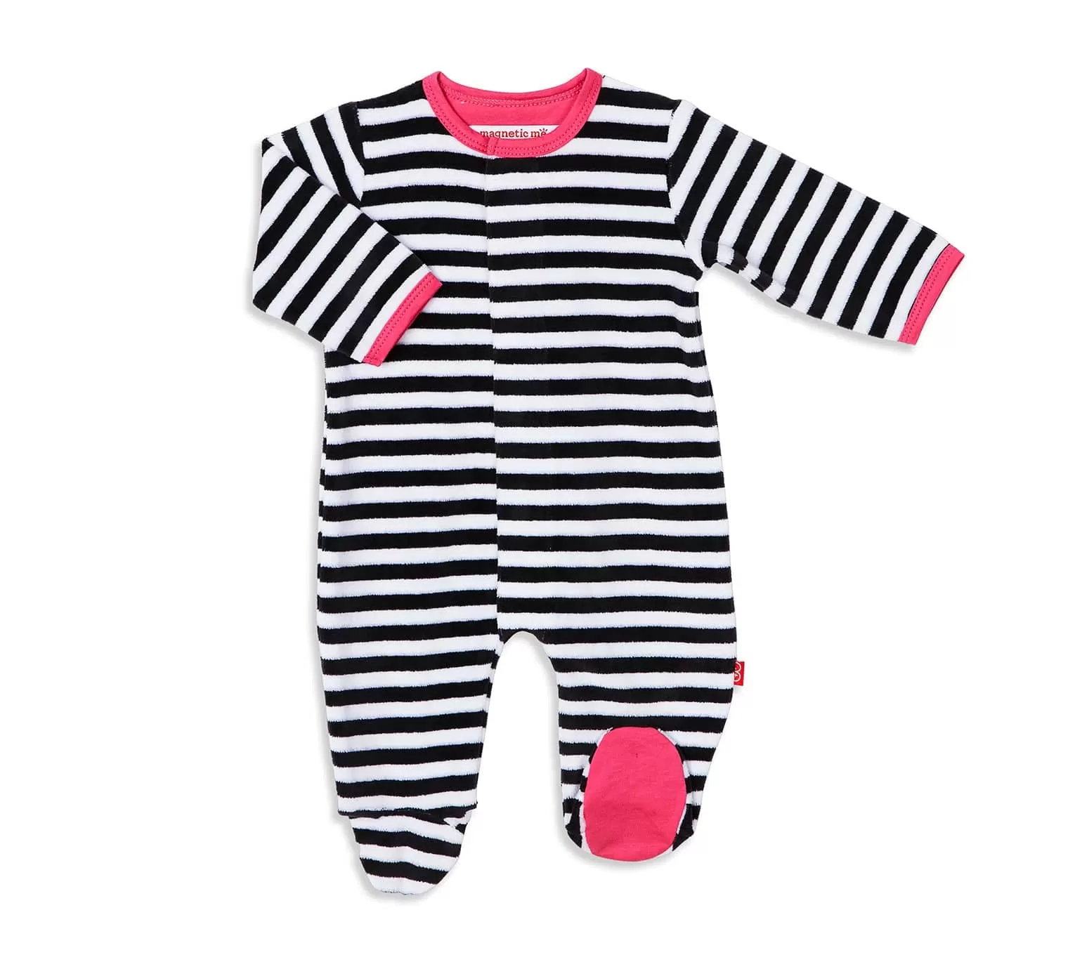 black and white stripe velour magnetic footie | pink - re-loved