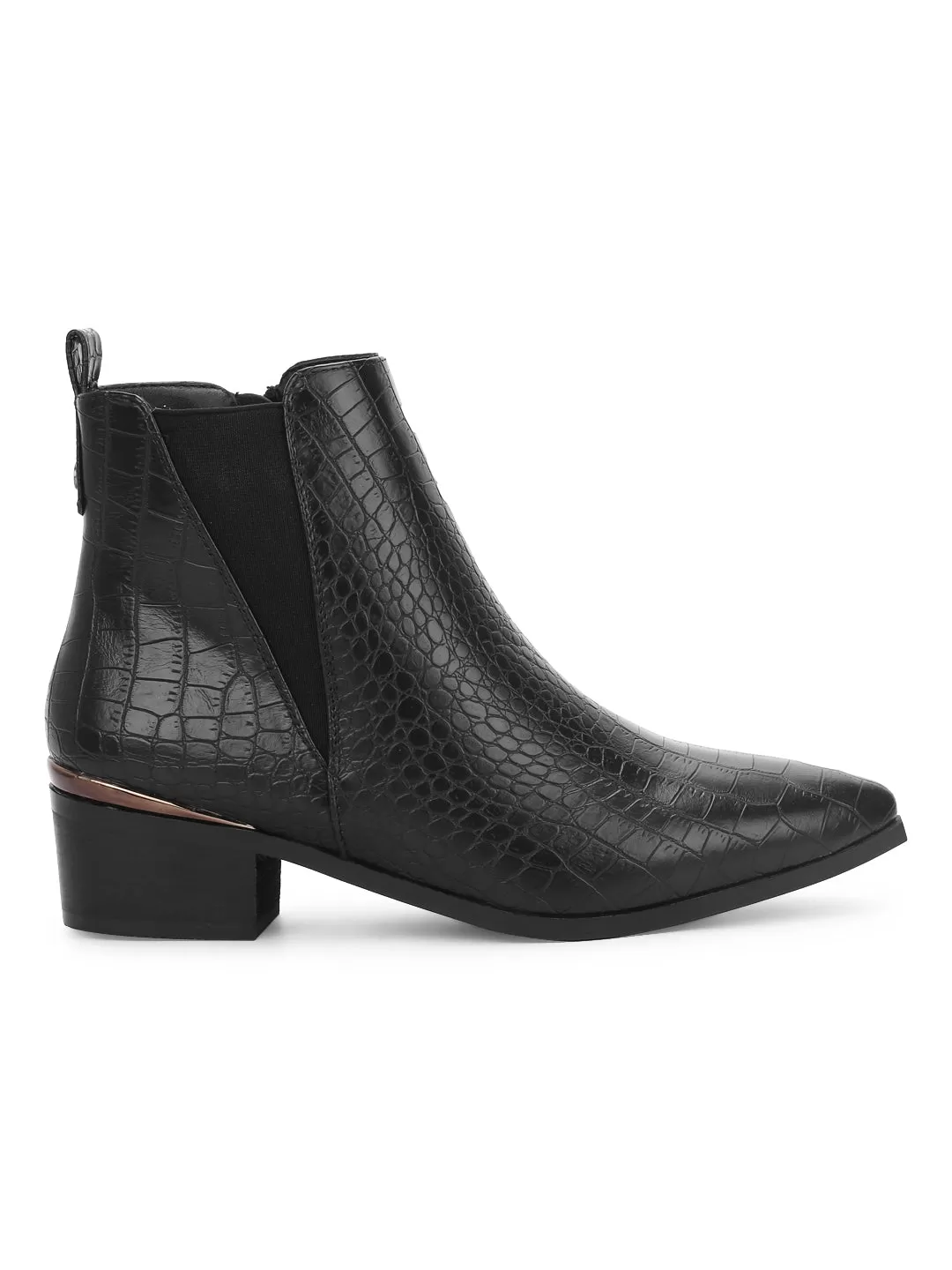 Black Croc PU Low Heel Ankle Length Boots