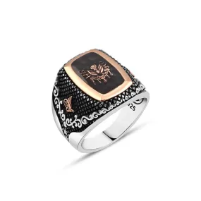 Black Enameled Ottoman Coat of Arms on Carbon Rentangular Silver Men's Ring Siding Ottoman Tughra and Branch Pattern