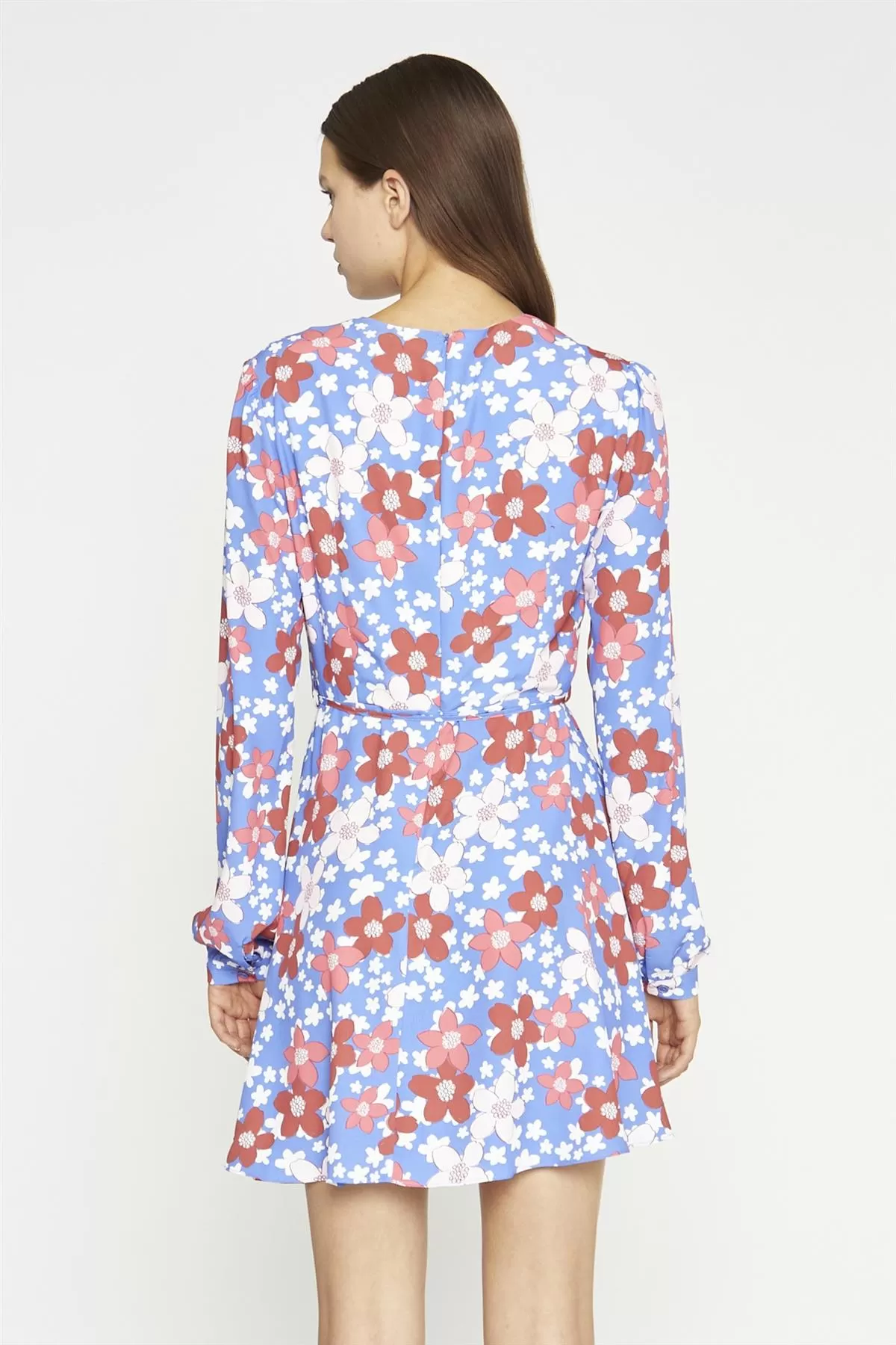 Blue-Red Flower V-Neck Mini-Dress