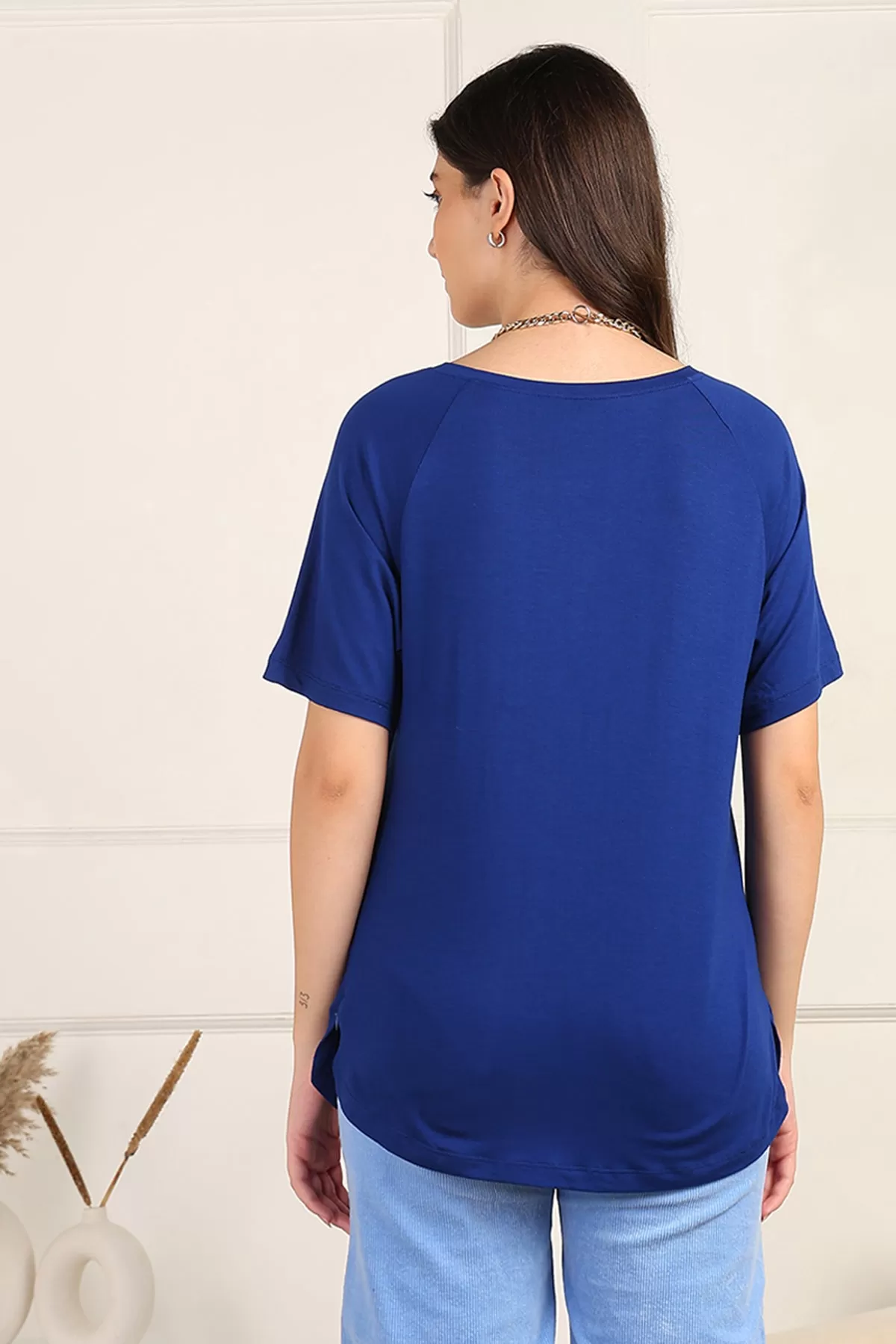 Blue Solid Nursing Top with Side Zip Access