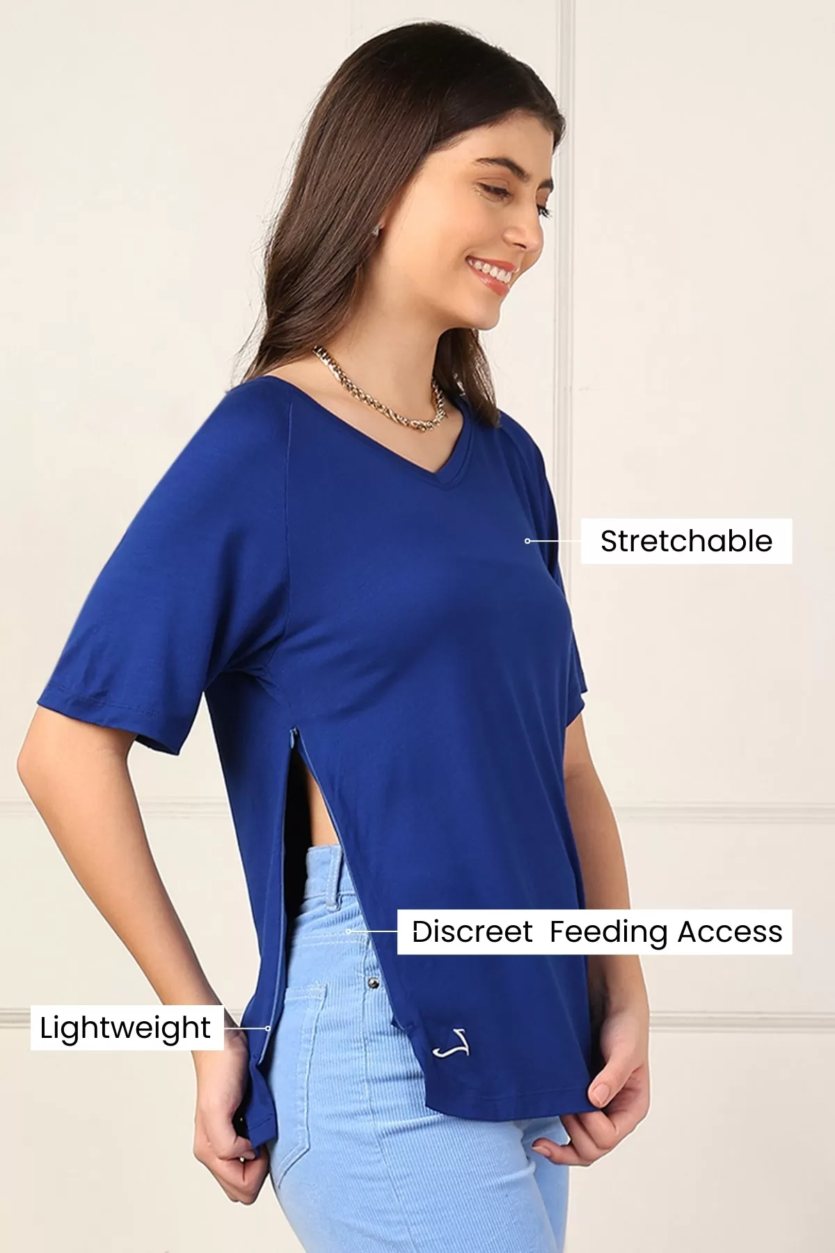 Blue Solid Nursing Top with Side Zip Access