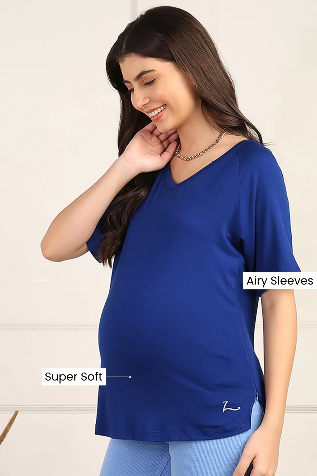 Blue Solid Nursing Top with Side Zip Access