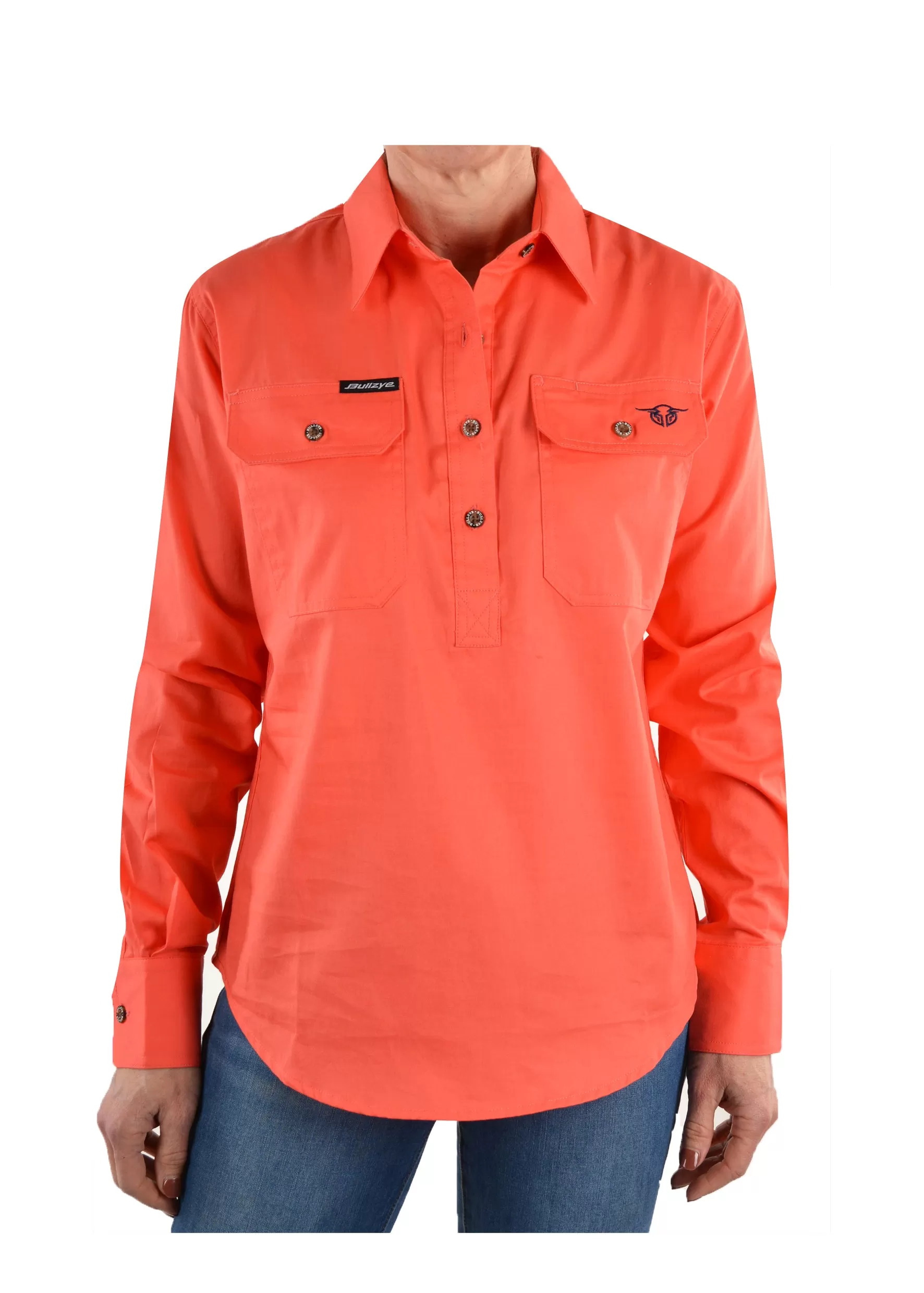 Bullzye Ladies Half Placket Work Shirt - Coral - B1S2101120- ON SALE