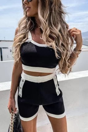 Button Color Block Crop Shorts Set