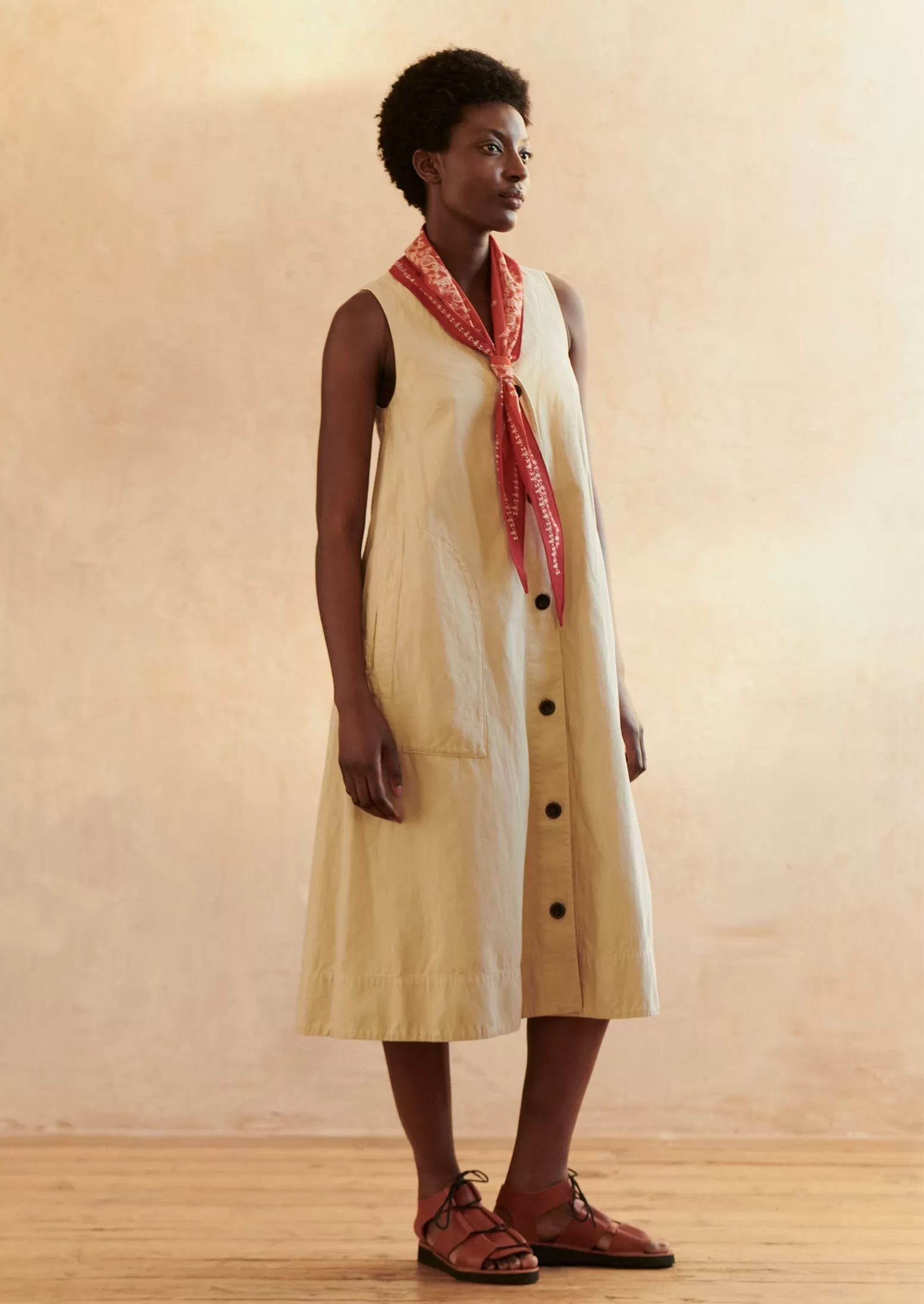 Buttoned Cotton Linen Canvas Dress | Wood Ash