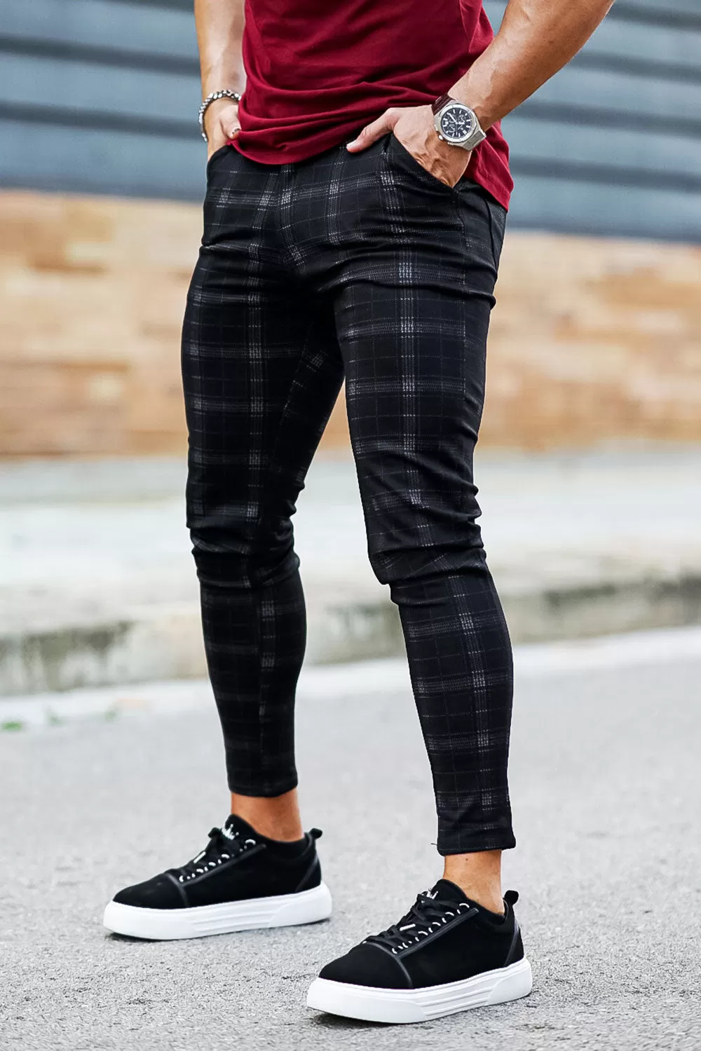 Buy $80 Free Shipping Men's Black Checkered Pants