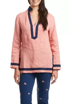 Castaway Tunic Top Nantucket Red Linen w/ Navy Trim