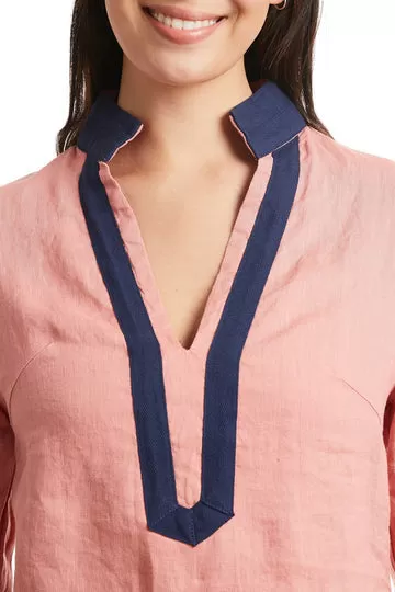 Castaway Tunic Top Nantucket Red Linen w/ Navy Trim