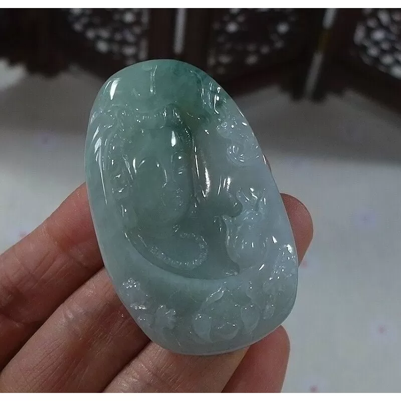 Cert'd Natural Type A Icy Light Green Jadeite Jade Lotus Kwan-Yin Pendant