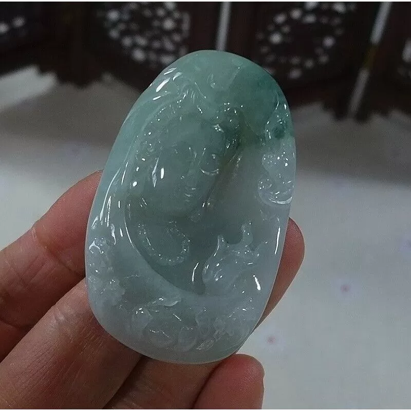 Cert'd Natural Type A Icy Light Green Jadeite Jade Lotus Kwan-Yin Pendant