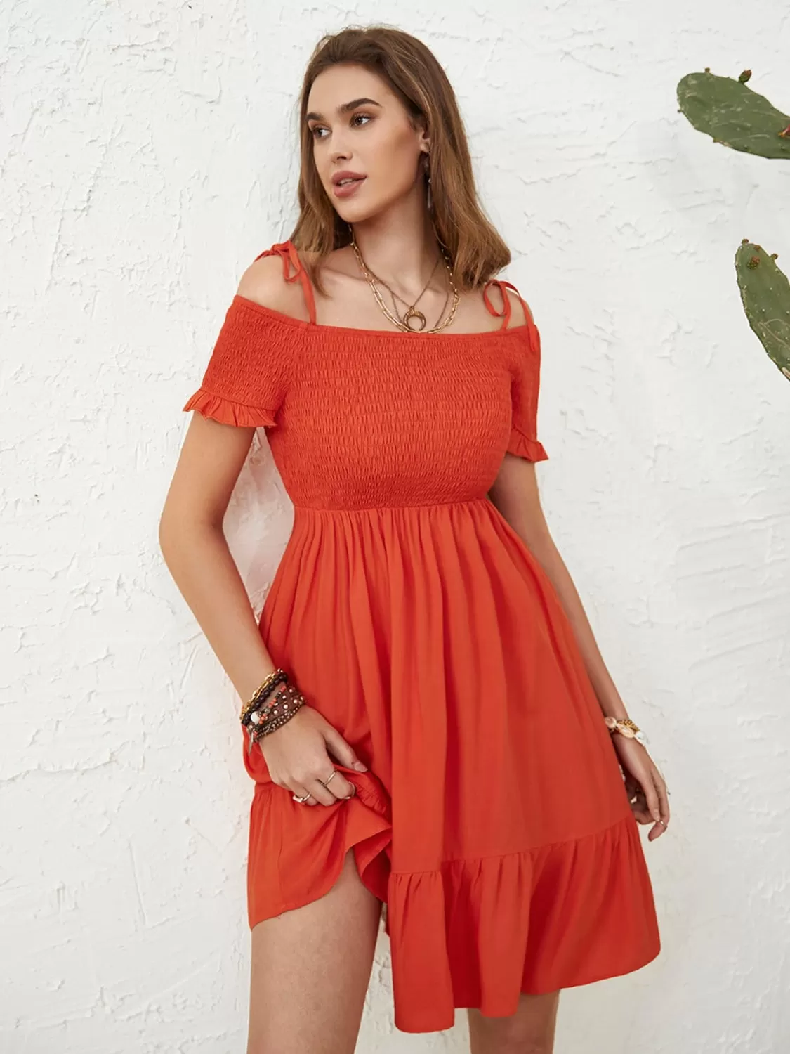 Charming Milkmaid Dress Outfit for Women - Smocked Spaghetti Strap Short Sleeve Summer Dress Perfect for Casual and Elegant Looks