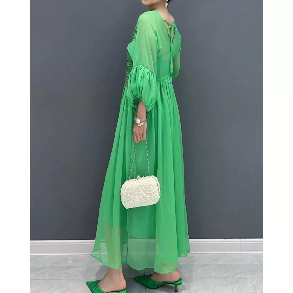 Chiffon green maxi dress with 3/4 sleeve