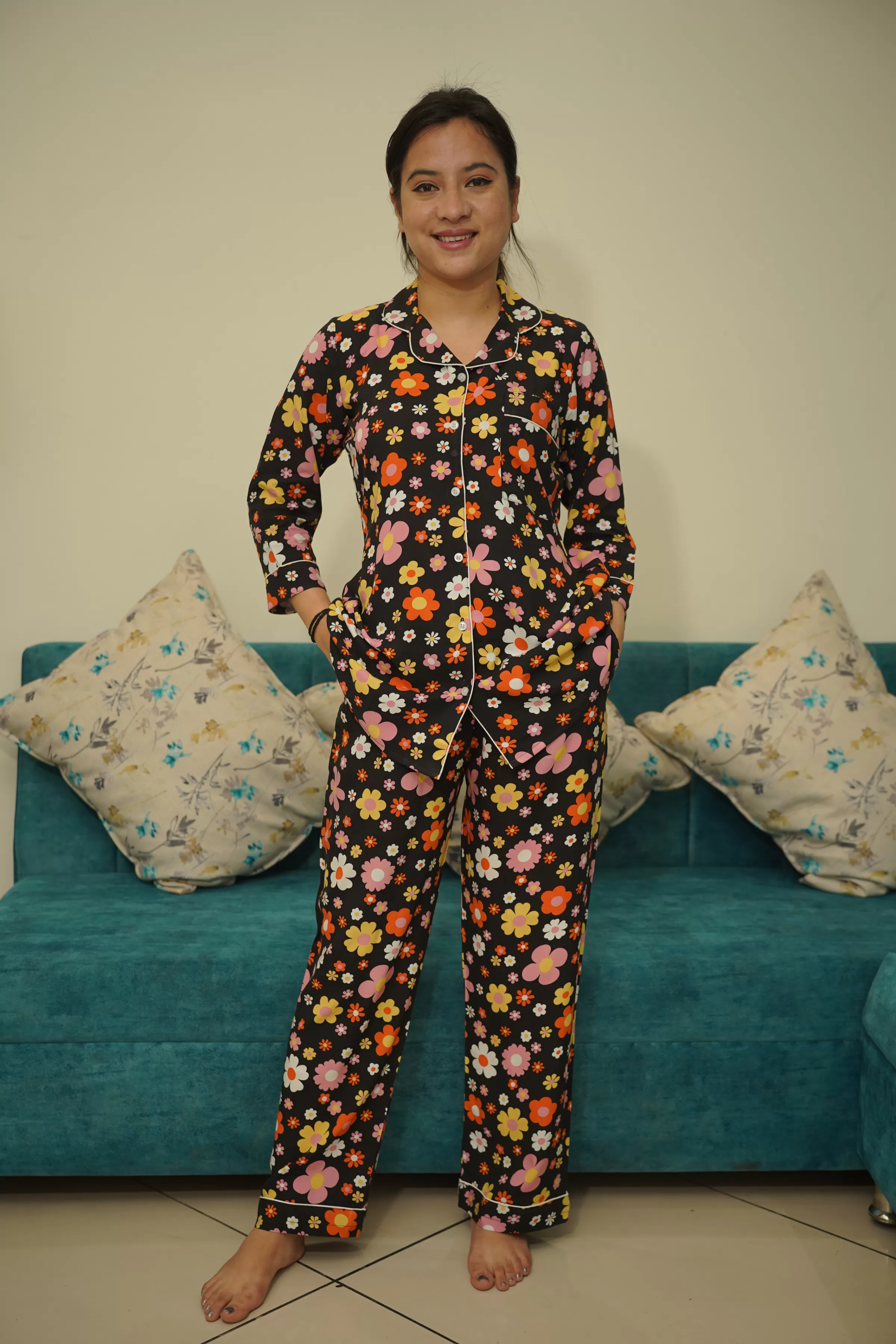 Citrus Floral Rayon Night Suit