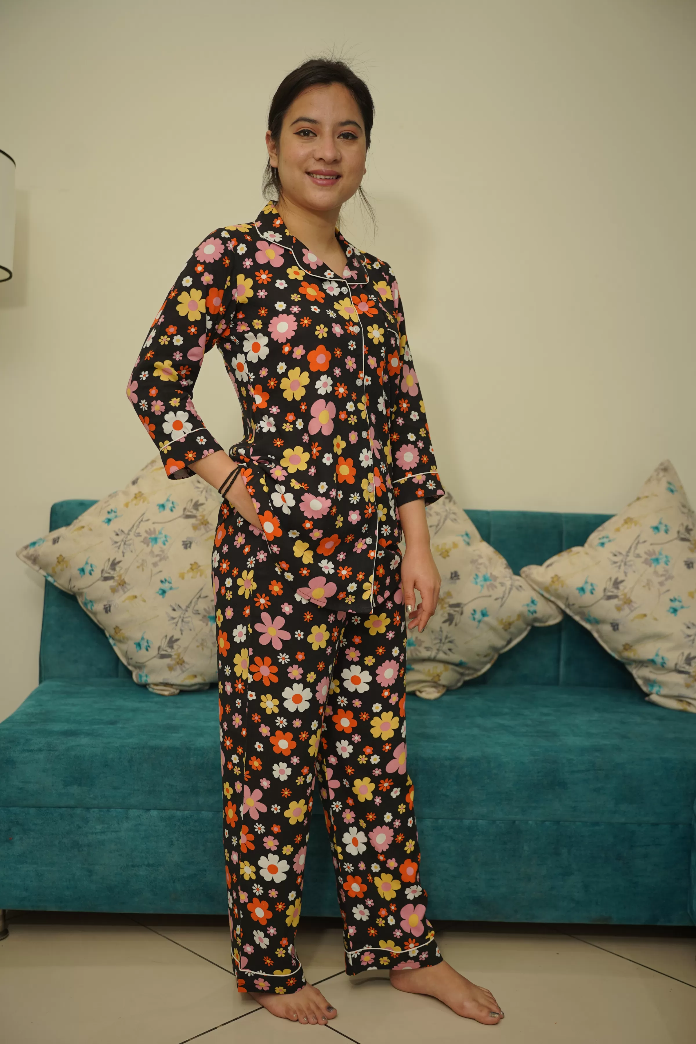 Citrus Floral Rayon Night Suit