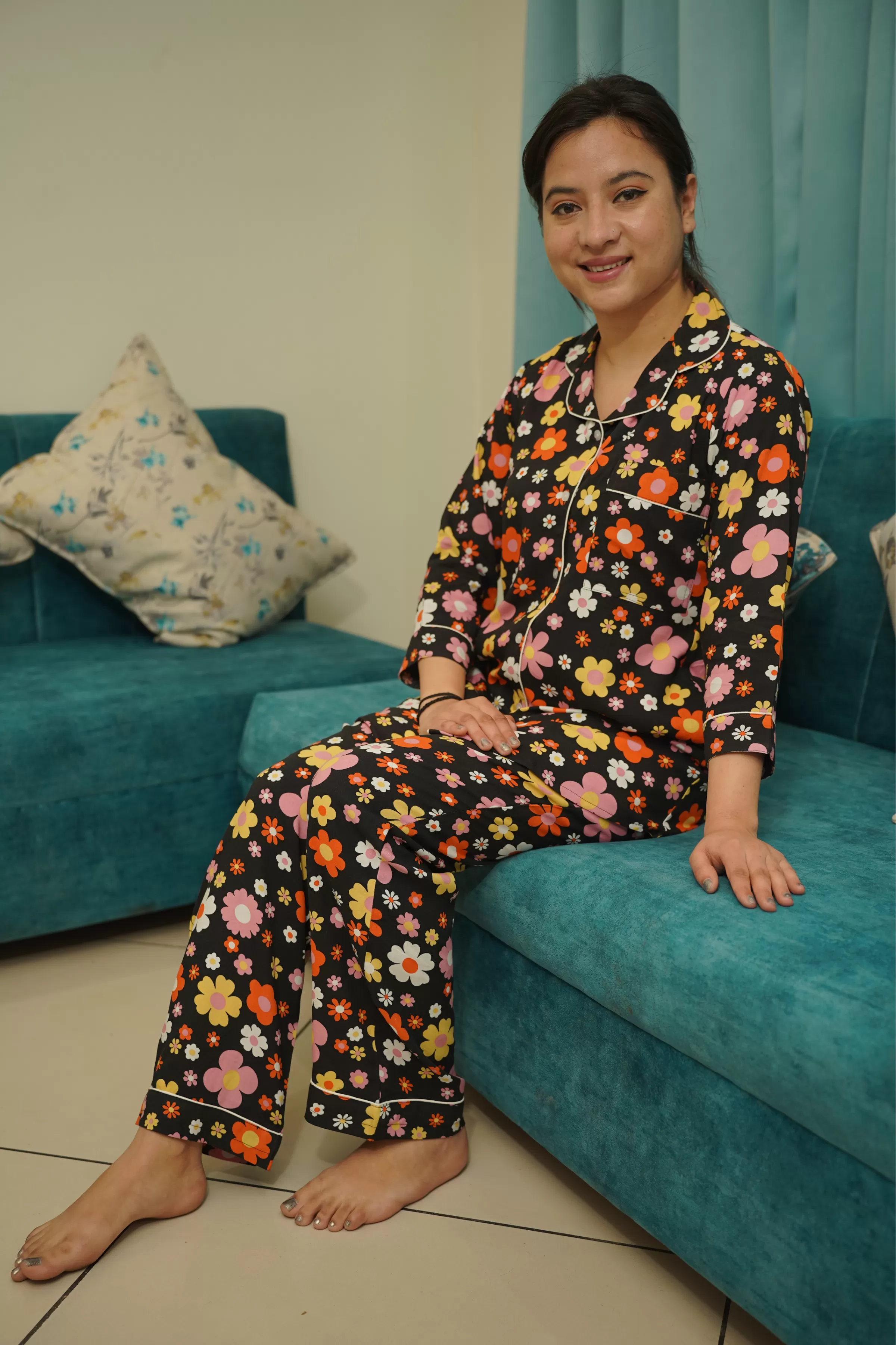 Citrus Floral Rayon Night Suit