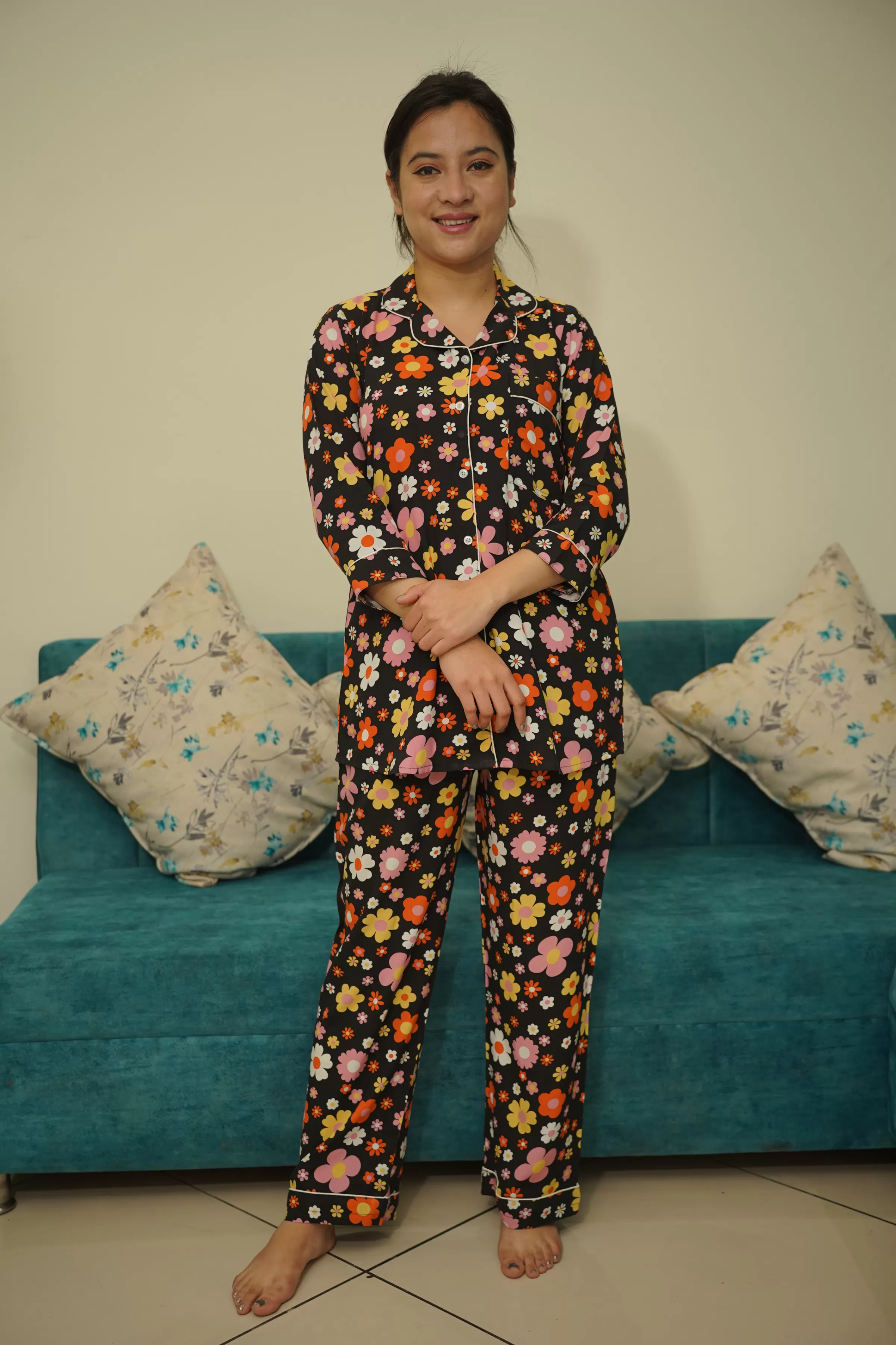 Citrus Floral Rayon Night Suit