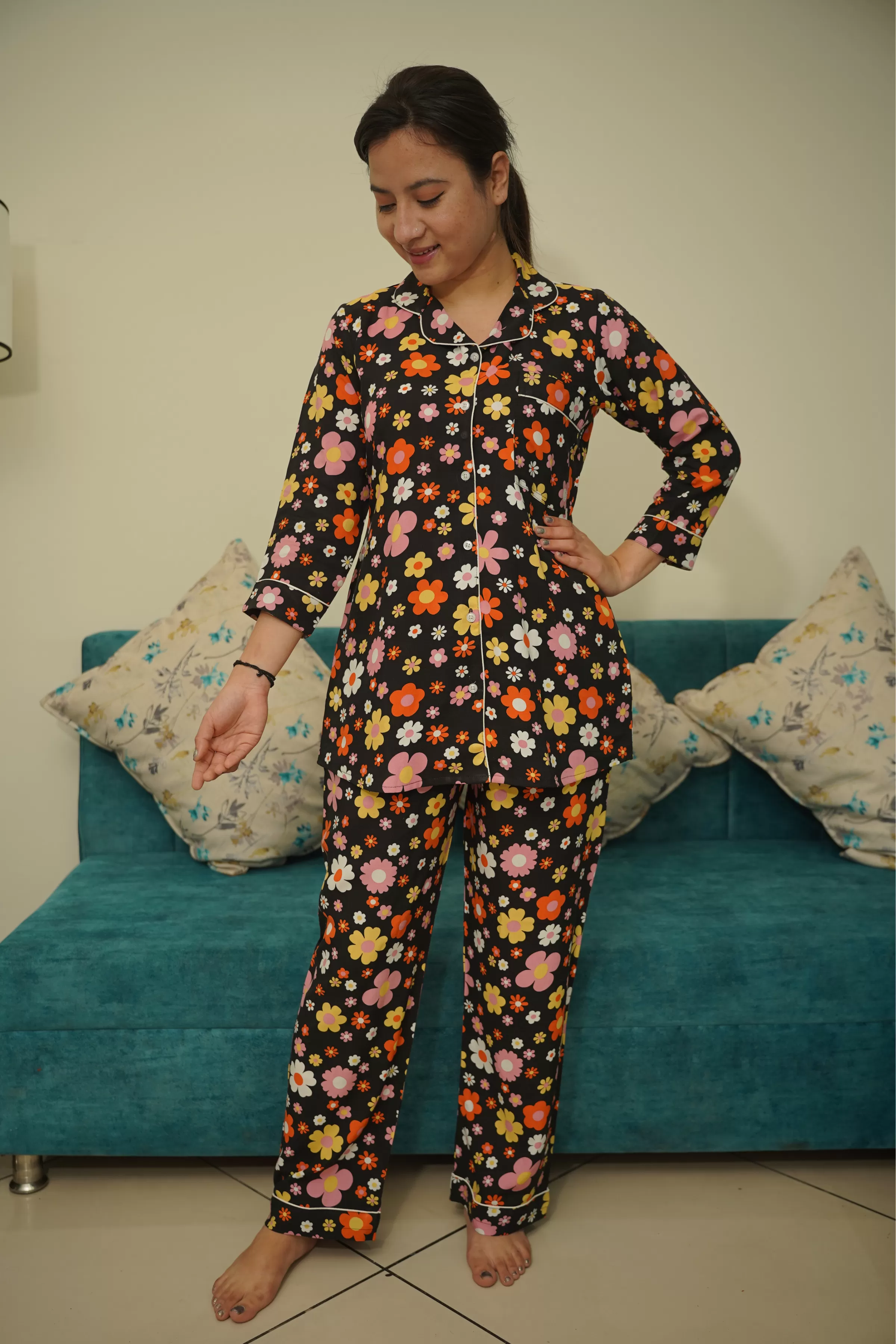 Citrus Floral Rayon Night Suit