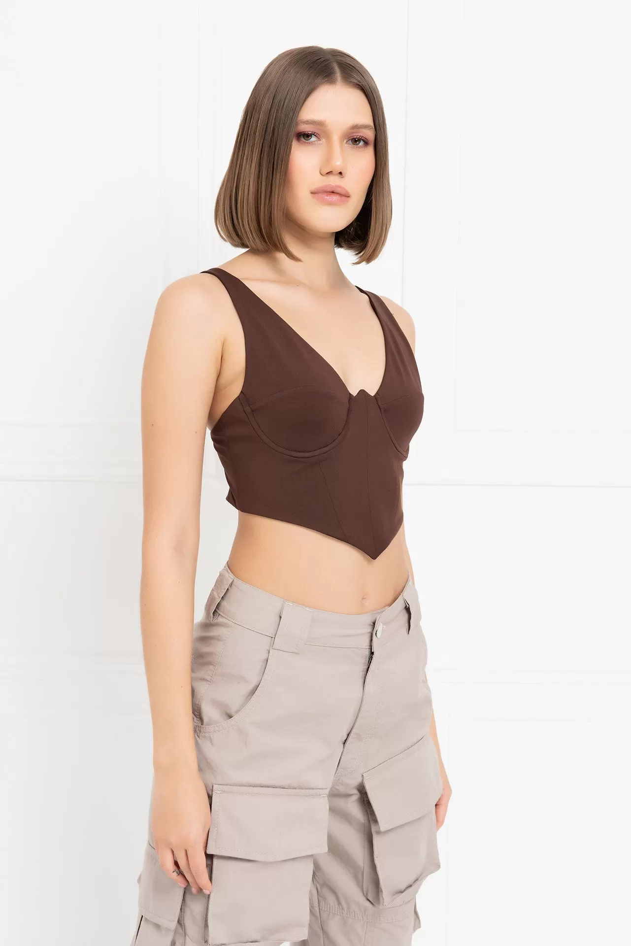 Coco Jone Widow's Peak Bustier Bralet Tank Crop Top - Chocolate