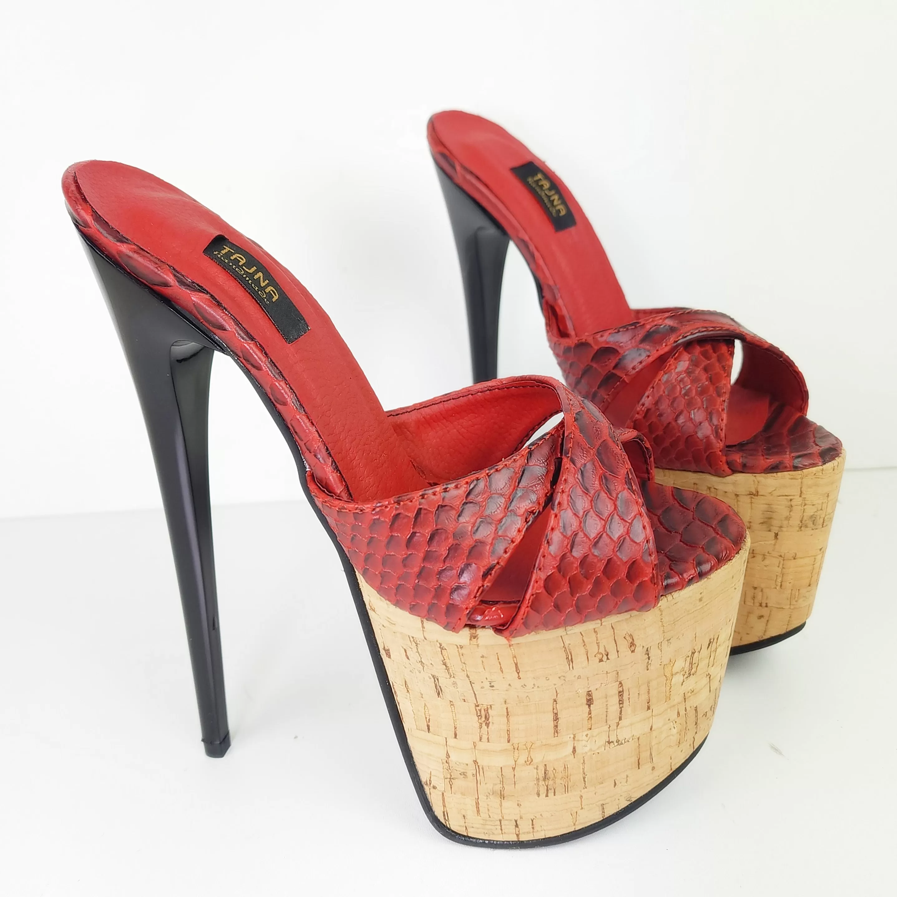 Cork Detail Dark Red Croco High Heel Mules