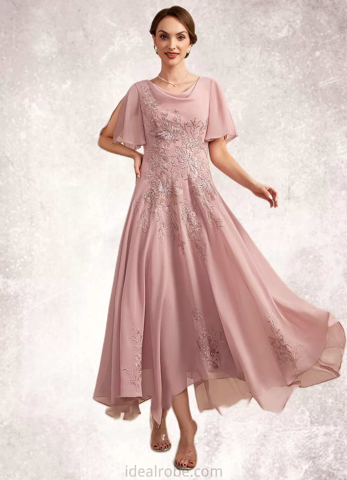 Cornelia A-Line Cowl Neck Ankle-Length Chiffon Lace Mother of the Bride Dress STK126P0014696