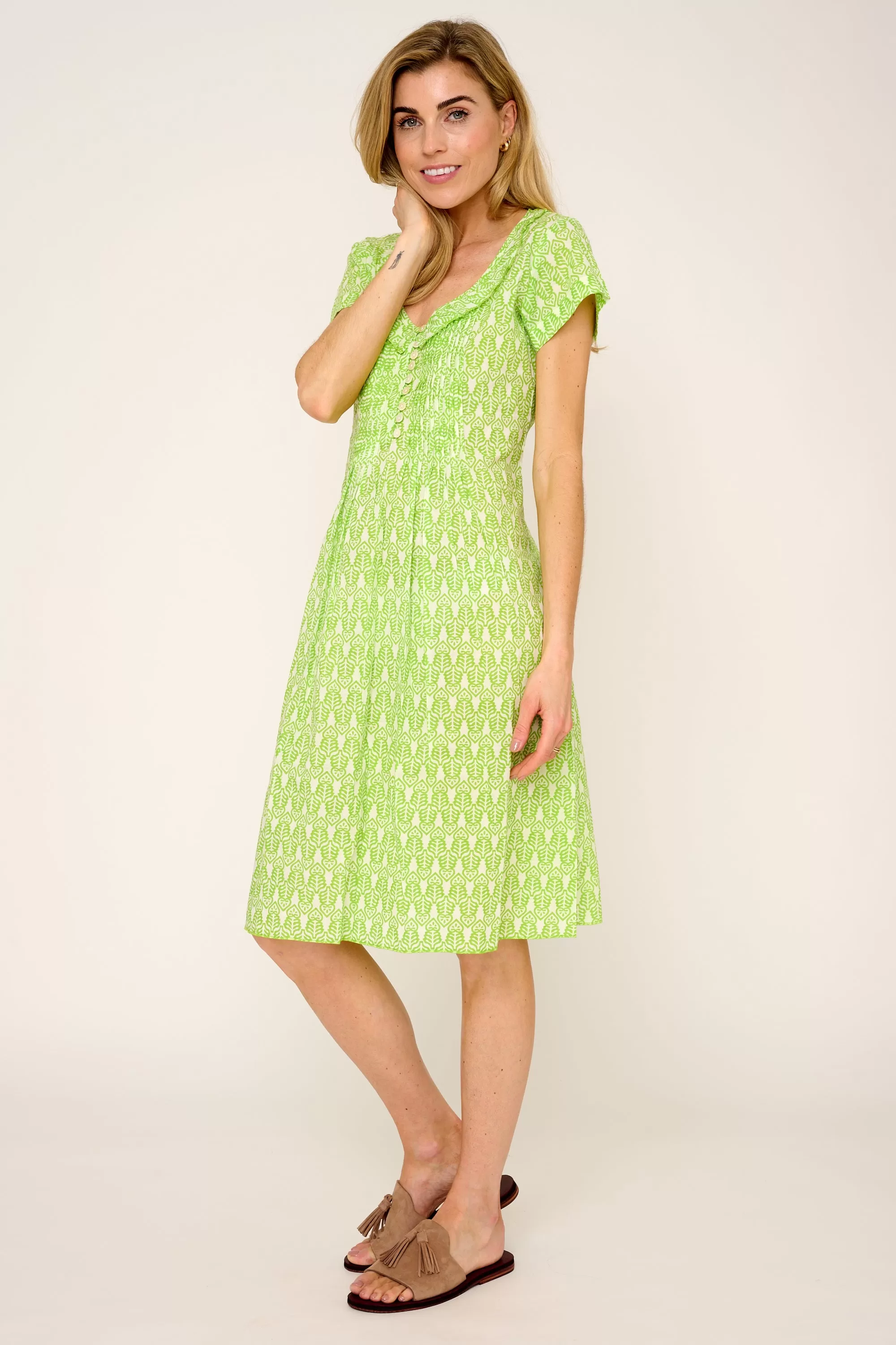 Cotton Karen Short Sleeve Day Dress in Fresh Lime & White