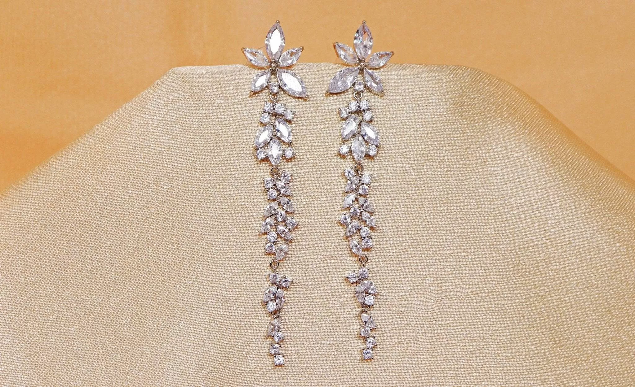 Cubic Zirconia Flower Crystal/Diamond Earrings, Long Bridal Jewelry, Bridal Earrings, Crystal Bridal Earrings, Statement Earrings Cz